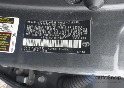 2008 Toyota Camry Le z USA, uszkodzony, nr VIN 4T1BE46KX8U246371